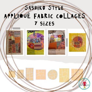 Könnte beinhalten: Sashiko-Style Appliqué-Stoffcollagen in 7 Größen. Die Collagen bestehen aus bunten Stoffresten und sind in verschiedenen Mustern angeordnet. Die Collagen werden auf weißem Hintergrund gezeigt.