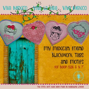Könnte beinhalten: Drei herzförmige Stickmuster mit schwarzer Stickerei. Die Muster zeigen ein Porträt von Frida Kahlo, ein Blumenmuster und ein Herz mit einem sich wiederholenden Muster. Der Text "My Mexican Friend Blackwork Tags and Motifs for hoop size 5 x 7" befindet sich unter den Mustern.