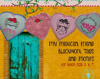 8 Cute Hand drawn Black Work designs with my Mexican friend - 4 Raw edged ITH Tags and 4 motifs - for the 5 x 7" hoop - Tags can be MugRugs