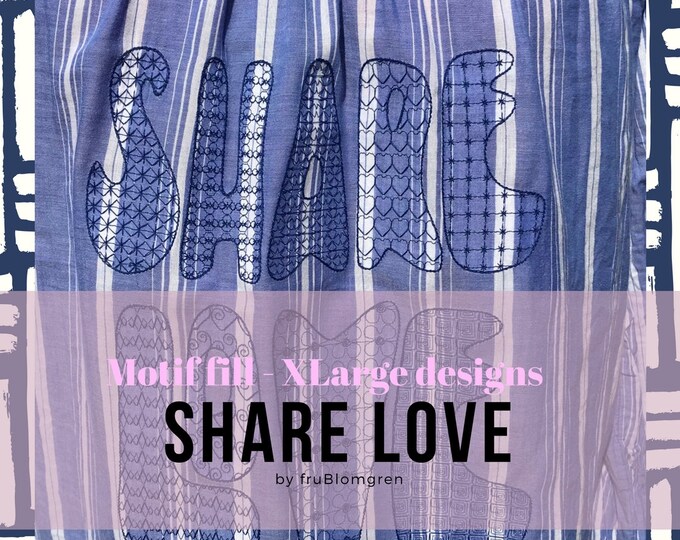3 XLarge Machine Embroidery Designs: Delicate Motif filled texts in a Hippie font - split or gathered