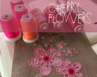 Cherry Flowers - 2 Appliqué Machine Embroidery designs with cherry flowers - with or without the text Zakka Style - for the 5 x 7" hoop