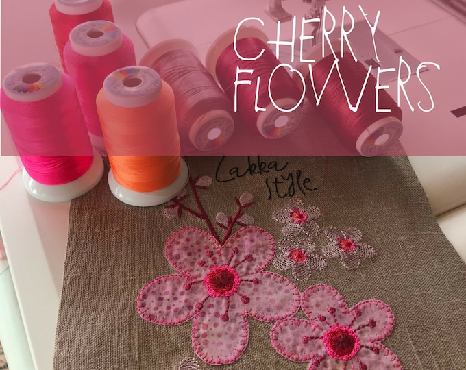 Cherry Flowers - 2 Appliqué Machine Embroidery designs with cherry flowers - with or without the text Zakka Style - for the 5 x 7" hoop