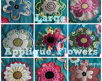 LARGE WHIMSICAL APPLIQUE Flowers for embellishment of your textile projects, 10 different Machine Embroidery Designs for the 4 x 4" hoop,