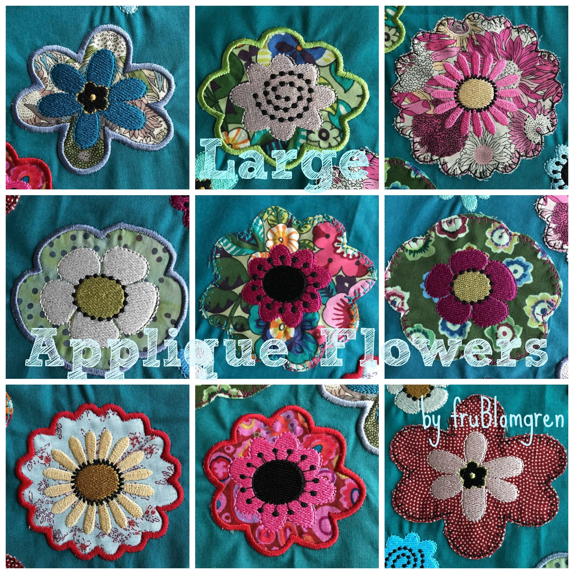 Whimsical Flower Applique Design for Clothing or Home Decor in 3