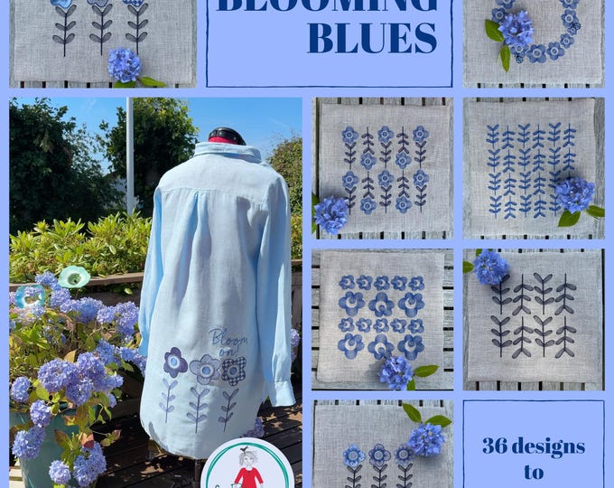 Blooming Blues Machine Embroidery Bundle – 36 Flower Designs, Applique Patches, FSL Charms & Floral Motifs