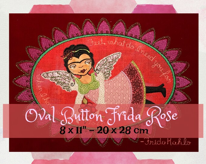 Large Oval Framed FRIDA ROSE - Button Frame Frida Rose - 8 x 11" very detailed appliqué design for multiple textile projects, 2 designs incl