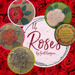14 Roses - Hand drawn Machine Embroidery designs - Various styles and sizes: Doodle, Sketchy, Fat Satin and Blackwork - hoop size 3x3 and up