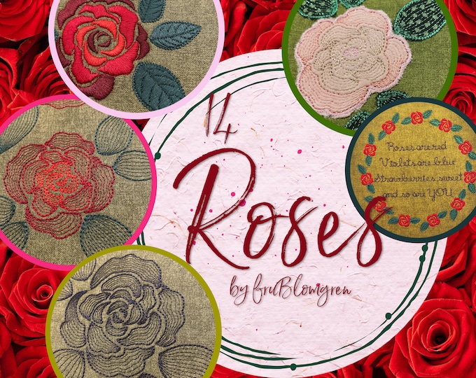 14 Roses - Hand drawn Machine Embroidery designs - Various styles and sizes: Doodle, Sketchy, Fat Satin and Blackwork - hoop size 3x3 and up