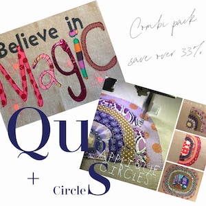 Op de afbeelding: Een digitale borduurset met een regenboog van appliqué-cirkels. Het ontwerp heet "Quilts of Applique Circles" en bevat de zin "Believe in Magic".