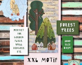 XXL Raw edge Appliqué Motif: Old trees - a very detailed and beautiful machine embroidery and appliqué motif for hoop size 8x14"