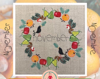 November Wreaths – Fruits of Christmas, Machine Embroidery Designs | 8x8" + 5x5" Hoops | Hand-drawn fruBlomgren Blackbird & Fruit Motifs
