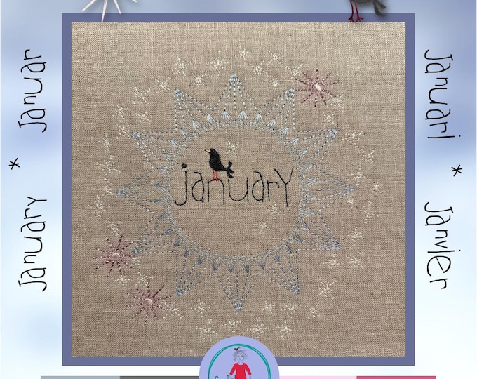 January Wreath of Snowflakes with blackbird - Machine Embroidery Design Pack - 4 language variants and a blank + 2 tiny single designs