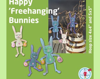 Whimsical, small ITH Freestanding Bunny Embroidery Designs – 4x4 and 5x5 hoop – Diamond Fill & Mylar, Hanging Easter Decor