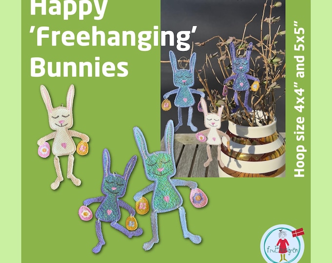 Whimsical, small ITH Freestanding Bunny Embroidery Designs – 4x4 and 5x5 hoop – Diamond Fill & Mylar, Hanging Easter Decor