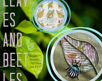 APPLIQUE LEAVES and BEETLES - 9 whimsy, hand drawn, easy stitched and versatile Summer Embroidery Designs for all kinds of textile projects