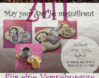 ANGEL MUGRUG ITH - Machine Embroidery Design for making a cute MugRug with my Signature Angel Lotta as appliqué design + text - 1 design