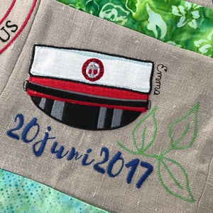 STUDENT&#39;S CAP, Machine Embroidery for &#39;Studenterhuer&#39; - two sizes and a motif with at little branch of green leaves, Danish Student&#39;s Cap