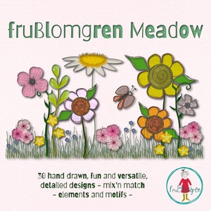 A whimsical wildflower design pack with 30 Machine Embroidery designs - fruBlomgren Meadow - Single flowers/elements/motifs, more hoop sizes