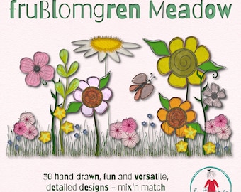 A whimsical wildflower design pack with 30 Machine Embroidery designs - fruBlomgren Meadow - Single flowers/elements/motifs, more hoop sizes