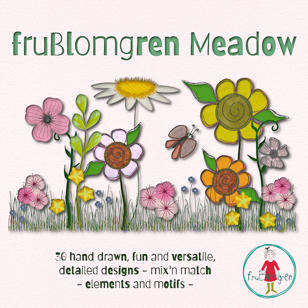 A whimsical wildflower design pack with 30 Machine Embroidery designs - fruBlomgren Meadow - Single flowers/elements/motifs, more hoop sizes