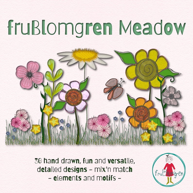 A whimsical wildflower design pack with 30 Machine Embroidery designs fruBlomgren Meadow Single flowers/elements/motifs, more hoop sizes image 1
