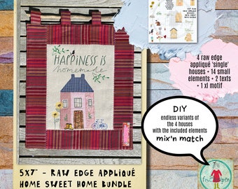 DIY Bundle with 4 of my 5x7 Raw edge Appliqué Houses AND 14 decorative elements to decorate the house with in your embroidery software
