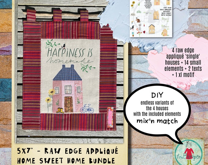 DIY Bundle with 4 of my 5x7 Raw edge Appliqué Houses AND 14 decorative elements to decorate the house with in your embroidery software