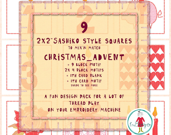 2x2” Christmas Sashiko Style Squares – ADVENT – Hand drawn Machine Embroidery Designs – 2 ITH Cards Included