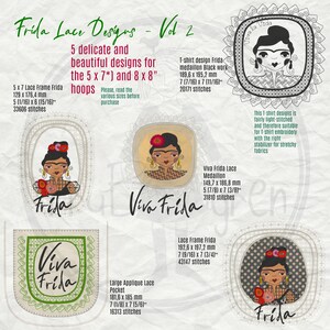 Puede incluir: Cinco dise&ntilde;os de bordado con Frida Kahlo, una pintora mexicana. Los dise&ntilde;os incluyen un marco de encaje, un bolsillo grande de encaje aplicado, un medall&oacute;n y dos dise&ntilde;os de camiseta. Los dise&ntilde;os est&aacute;n disponibles en tama&ntilde;os de aro de 5x7 y 8x8 pulgadas.
