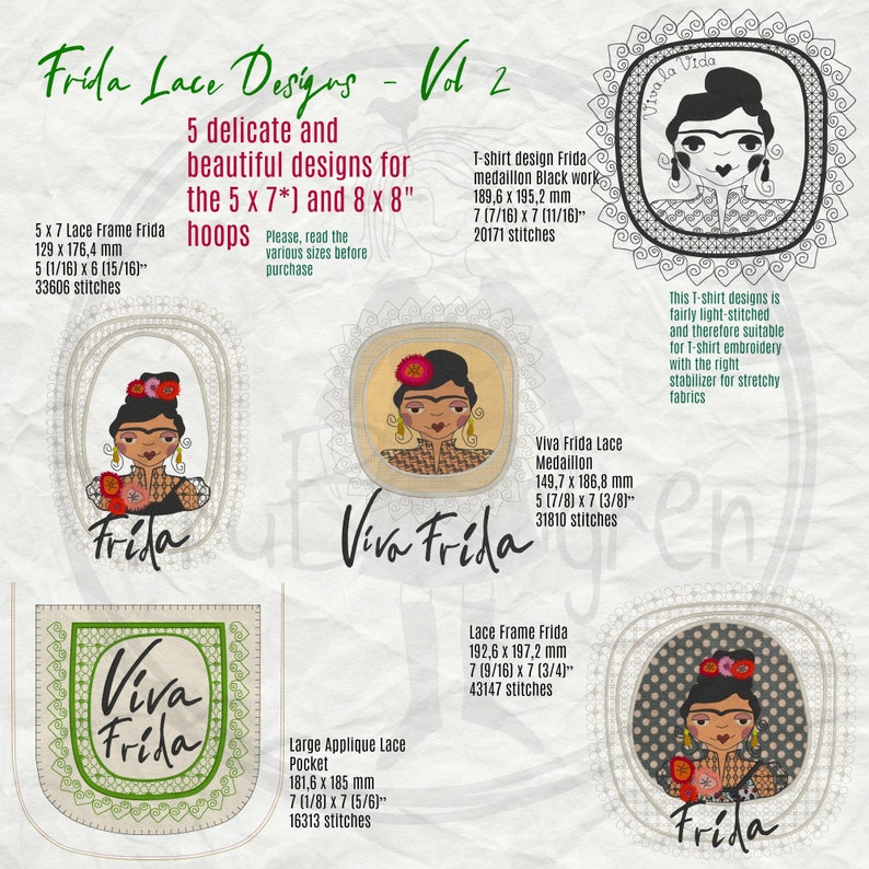 Puede incluir: Cinco dise&ntilde;os de bordado con Frida Kahlo, una pintora mexicana. Los dise&ntilde;os incluyen un marco de encaje, un bolsillo grande de encaje aplicado, un medall&oacute;n y dos dise&ntilde;os de camiseta. Los dise&ntilde;os est&aacute;n disponibles en tama&ntilde;os de aro de 5x7 y 8x8 pulgadas.
