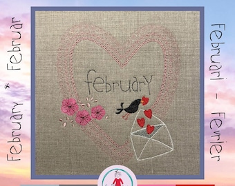 Heart-shaped February Wreath with a love messenger blackbird - Machine Embroidery Design Pack - 4 languages and a blank + 2 single designs