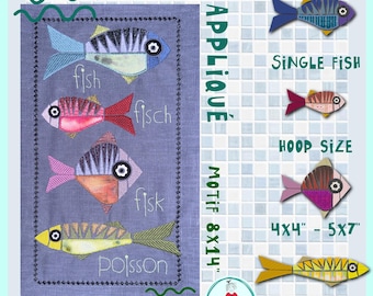 Large Applique Fish Machine Embroidery Design Pack, Mediterranean Coastal Fish, 4 Single Fish and 8x14 Motif