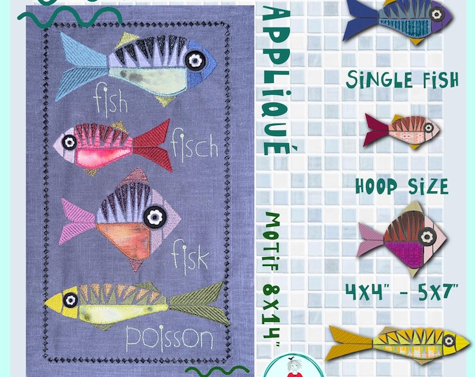 Large Applique Fish Machine Embroidery Design Pack, Mediterranean Coastal Fish, 4 Single Fish and 8x14 Motif