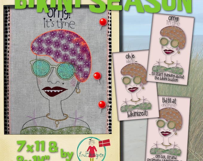 BIKINI SEASON - Miss Bikini XL machine embroidery designs – 7x11” & 8x14” Quirky Summer Designs in 3 Languages – Mix'n Match Text Options