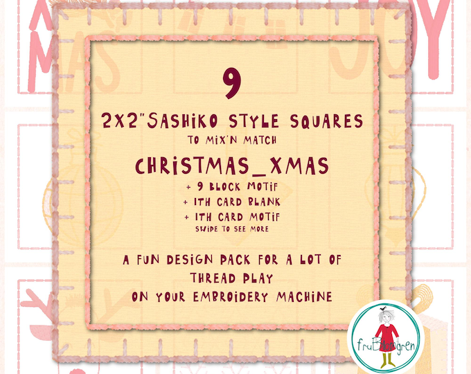 2x2” Christmas Sashiko Style Squares – XMAS – Hand drawn Machine Embroidery Designs – 2 ITH Cards Included
