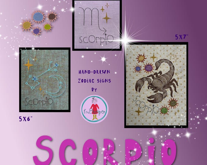 Scorpio Zodiac Sign – Machine Embroidery Design Pack | 4x4 and 5x7 hoops | Hand-Drawn Horoscope | Quiet Strength & Stars
