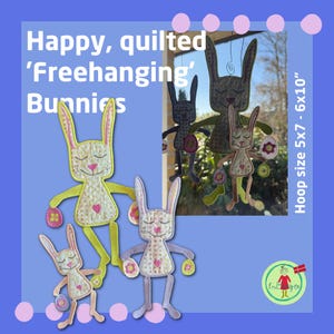 Puede incluir: Dise&ntilde;o de bordado 'Conejitos colgantes' feliz y acolchado. El dise&ntilde;o presenta tres conejos en diferentes colores, cada uno sosteniendo un huevo de Pascua.  Tama&ntilde;o del aro 5x7 - 6x10 pulgadas.
