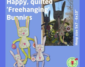 Whimsical, Quilted Bunnies, Free-hanging ITH Machine Embroidery Designs – 3 sizes for hoop 5x7 to 6x10  – Gorgeous Fabric Easter Decor