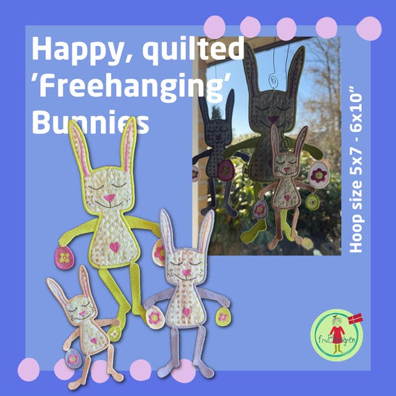 Whimsical, Quilted Bunnies, Free-hanging ITH Machine Embroidery Designs – 3 sizes for hoop 5x7 to 6x10  – Gorgeous Fabric Easter Decor
