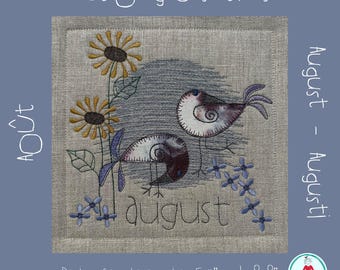 Applikations-Quiltblock „August Wee Wirebird“ (Maschinenstickerei) | Monatliches Vogelmotiv | QAYG, ITH-Ornament, 5x7- und 8x8-Stickrahmen