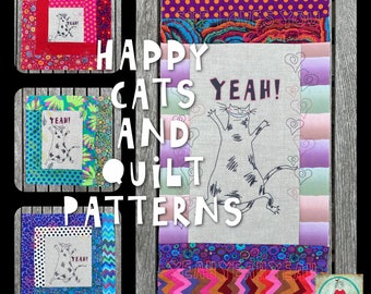 Happy Cats and Quilt Patterns for Embroidery Machines - Make your mini quilts with my Hand drawn Happy Cat and a lot of cute quilt designs