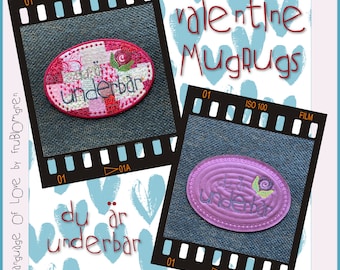 Valentine MugRugs ITH for your embroidery machine - Swedish text: du är underbar - 2 variants - Scraps and Quilted + a blank + text