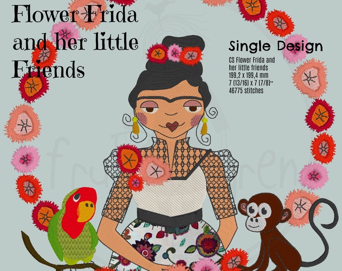 Beautiful FLOWER FRIDA and her Little Friends - Monkey and Parrot, Single design, 20 x 20 cm (8 x 8") motif, very detailed Embroidery Design