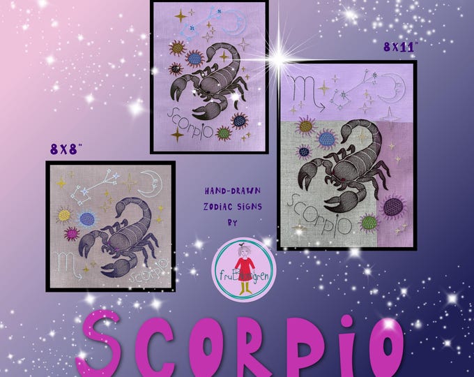 Scorpio Zodiac – Machine Embroidery Design Pack | 6x10 8x8 8x11 hoops | Hand-Drawn Horoscope | Strength & Desert Bloom