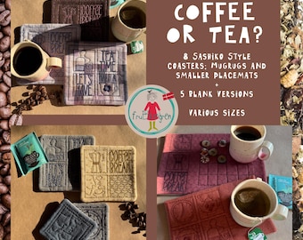 Coffee or Tea? 8 ITH Coasters, MugRugs & Small Placemats + 5 Blank Versions, various sizes, Machine Embroidery – Sashiko Style – fruBlomgren