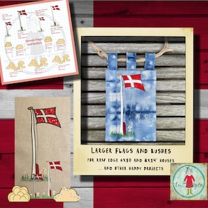 Könnte beinhalten: Ein Set mit Stickmustern für größere dänische Flaggen und Büsche, entworfen für 6x10 und 8x14 Zoll Rohkantenhäuser. Die Muster sind auf weißem Hintergrund mit einer rot-weißen dänischen Flagge und grünen Büschen gedruckt.