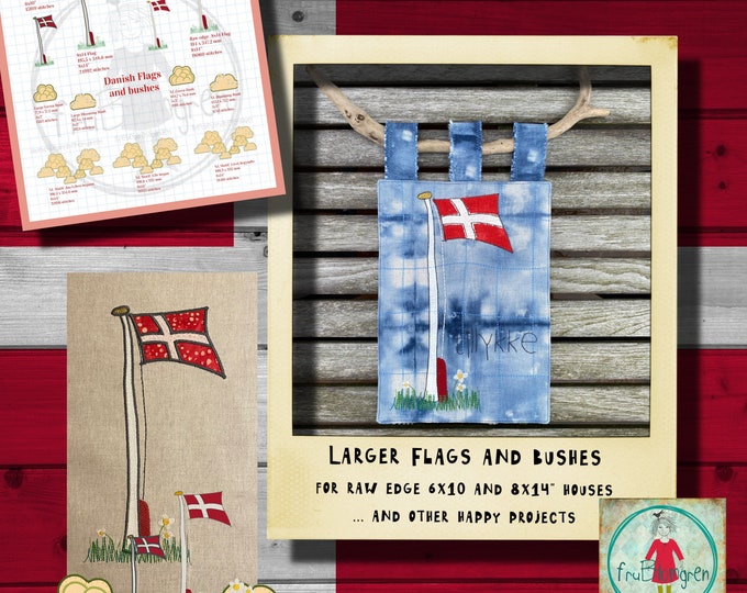 Larger appliqué Flags and Bushes - Danish flags - for your embroidery machine - on flagpoles - more variants - hoop size 6x10 & 8x14