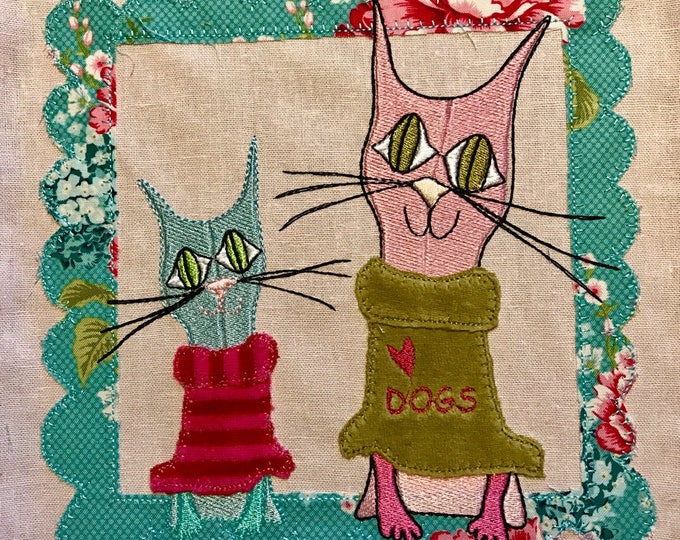 DOG LOVING CATS - yes, they are, these whimsical Cats, Machine Embroidery Designs, three different cats and more frames for designing motifs