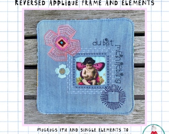 Small Pack – ITH MugRug with Reversed Appliqué Square – Sashiko Style and Matching Flowers | Mix'n Match Elements | Hoop Sizes 4x4, 5x7, 6x6