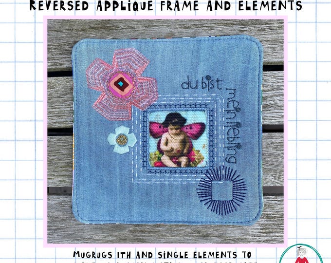 Small Pack – ITH MugRug with Reversed Appliqué Square – Sashiko Style and Matching Flowers | Mix'n Match Elements | Hoop Sizes 4x4, 5x7, 6x6